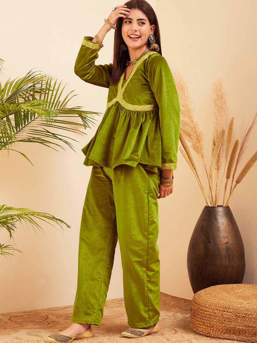 InWeave Women's Olive Mughal Shaan Style Velvet Short Kurta Set