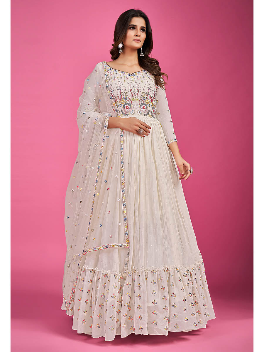 Myra White Pure Georgette Embroidered Gown