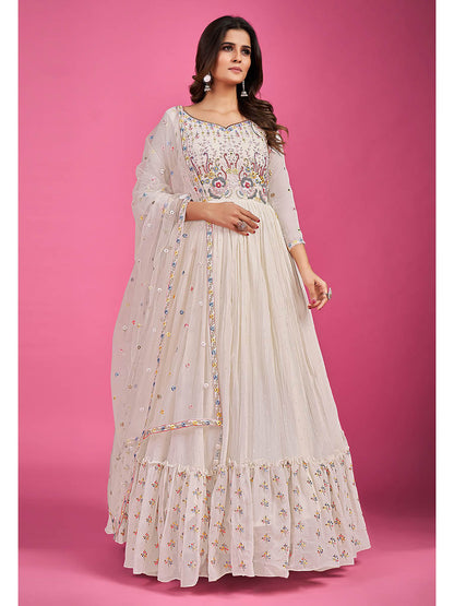 Myra White Pure Georgette Embroidered Gown