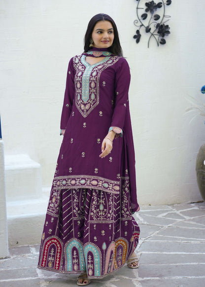 Yash Enterprise Embroidered Chinon With Sequin Maroon Readymade Salwar Suit