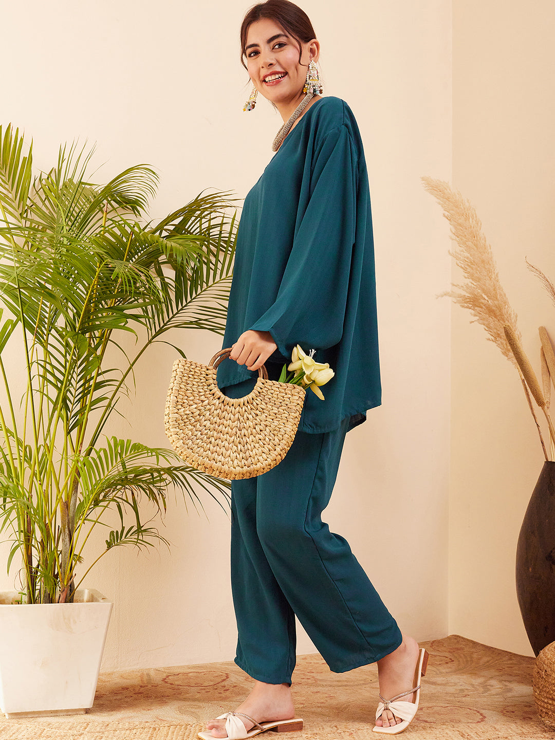 InWeave Women's Dark Ocean Full Sleeve Boho Top Bottom Set