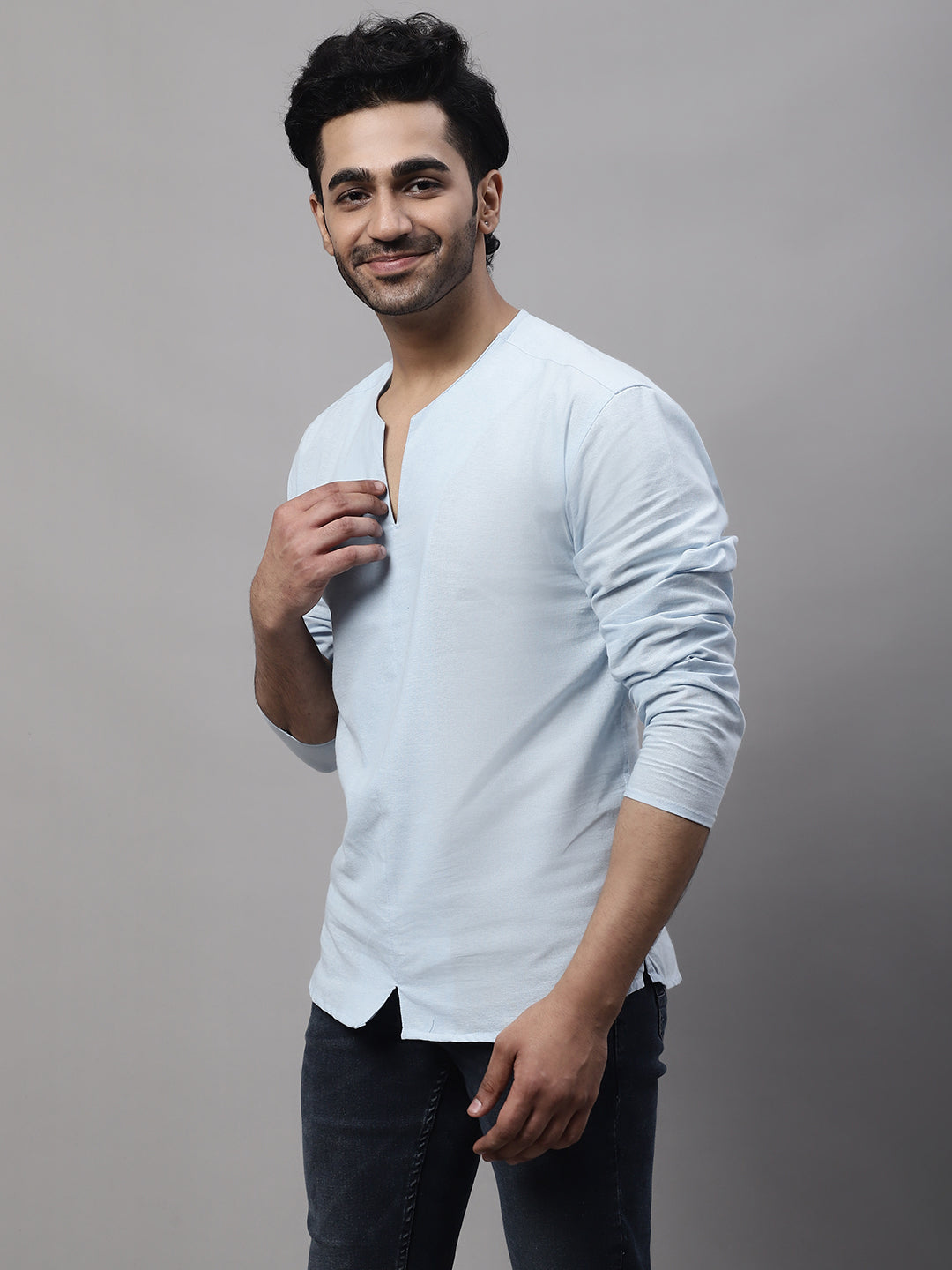 Even Apparels Blue Pure Cotton Open Neck Kurta