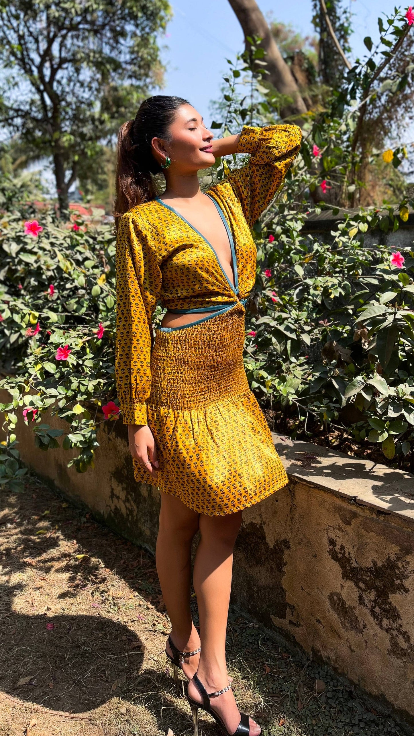 Noroke Yellow silk cut out short dress