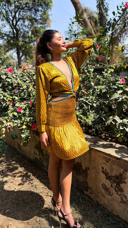 Noroke Yellow silk cut out short dress