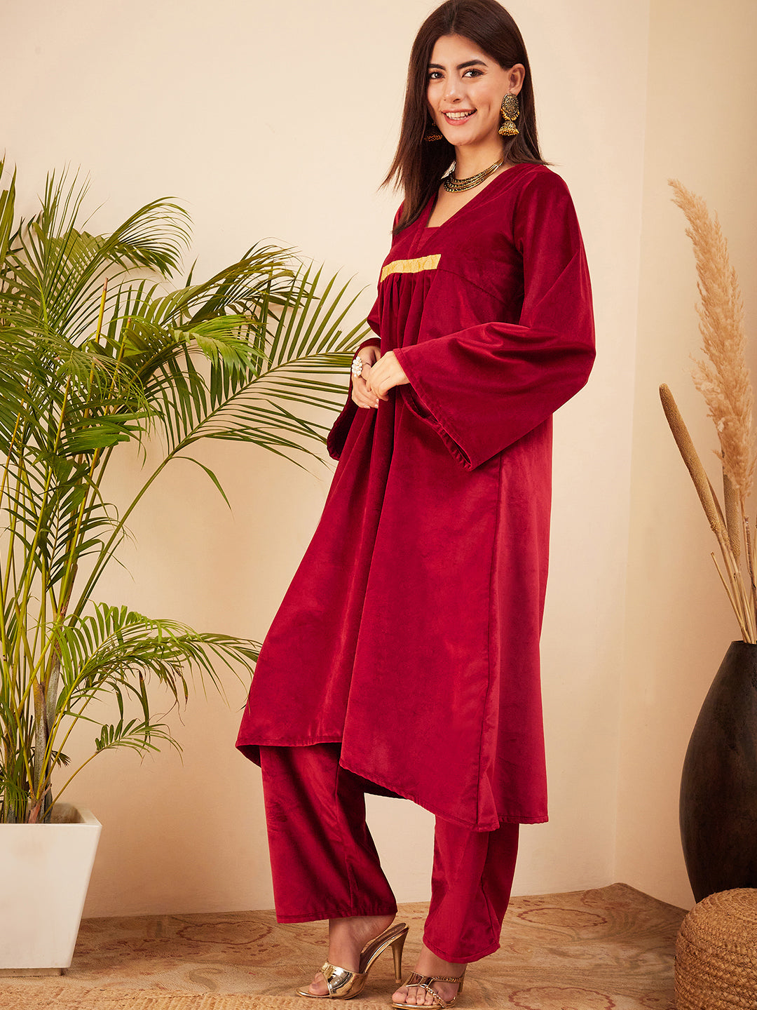 InWeave Women's Barn Red V Neck Asymmetrical Pleated Velvet Kurta Set