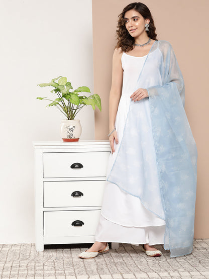 InWeave Women's Cream Strappy With Blue White Chintz Organza Dupatta