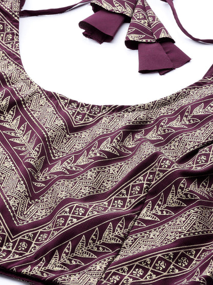 Indian Clothing Ahalyaa Purple & Gold-Toned Printed Sequinned Foil Print Ready to Wear Lehenga & Blouse With Dupatta