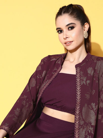 Ahalyaa Women Burgundy Top With Skirt & With Jacket