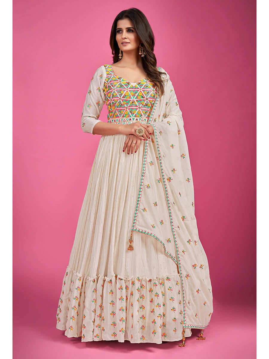 Myra White Chinon Silk Embroidered Gown