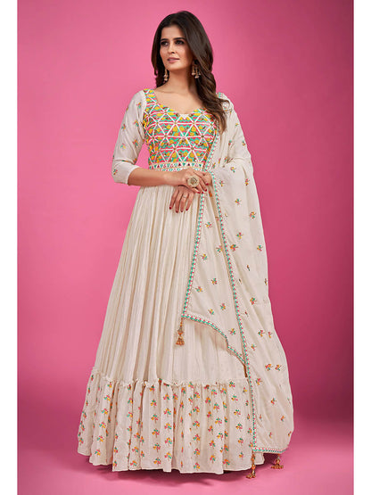 Myra White Chinon Silk Embroidered Gown