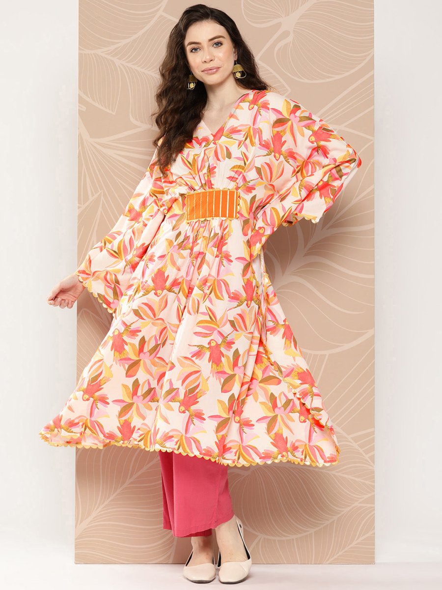 Ahalyaa Women Floral Printed Flared Sleeves Gotta Patti Crepe Kaftan Kurta