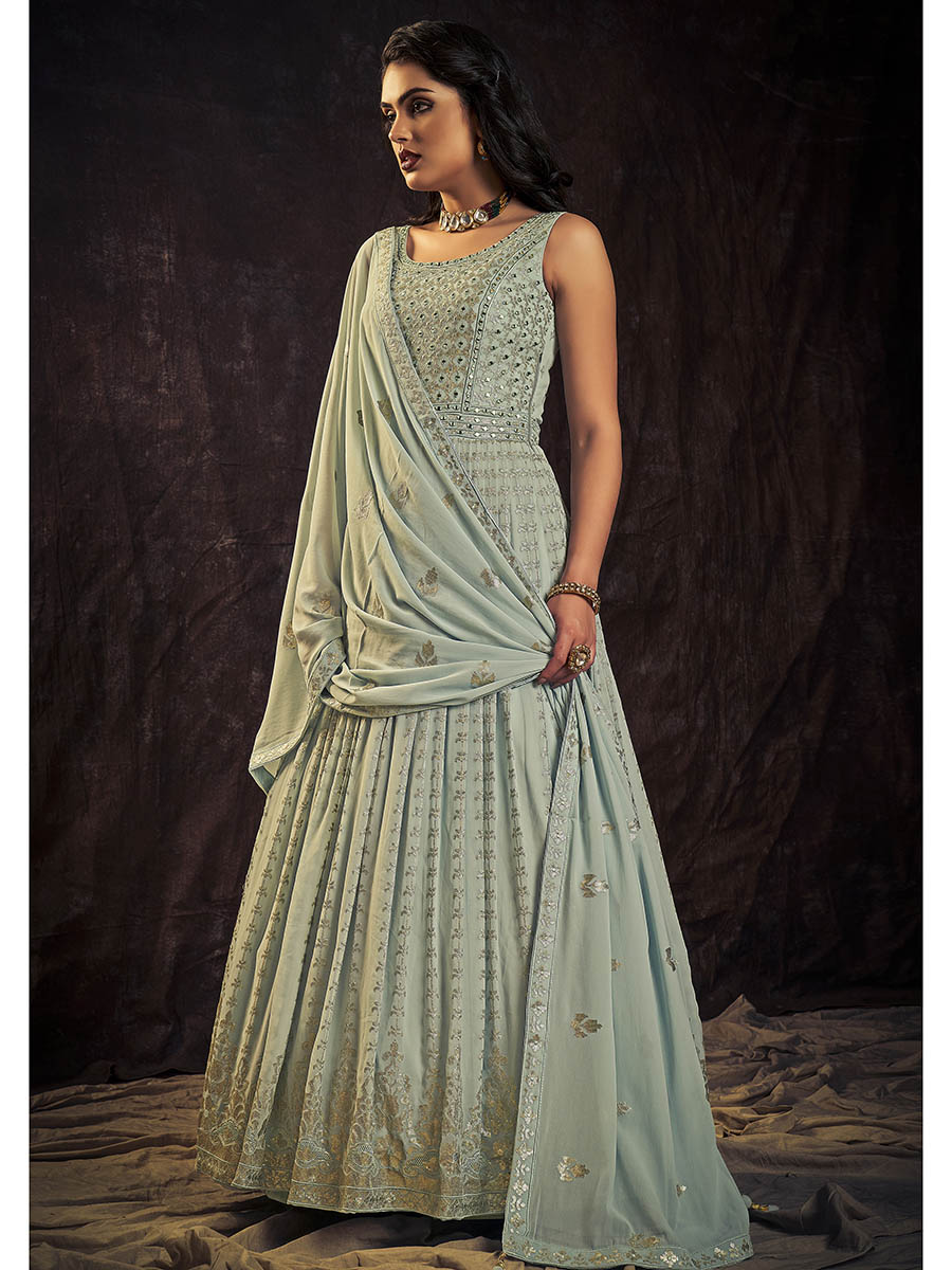 Myra Light Blue Real Georgette Designer Gown Style Suit