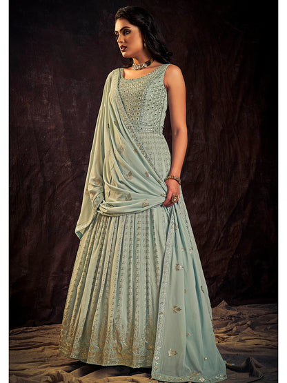 Myra Light Blue Real Georgette Designer Gown Style Suit