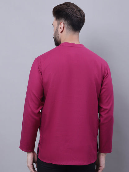 Even Apparels Wine Pure Cotton Short Kurta With Band Collar