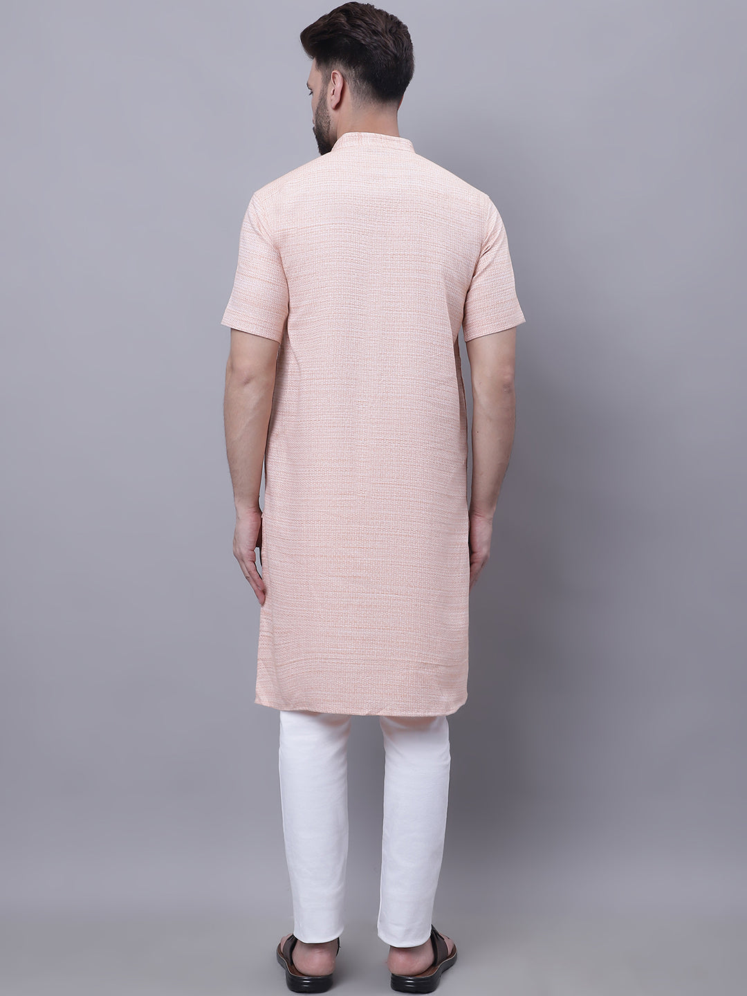 Even Apparels Peach Pure Cotton Short Sleeves Kurta With Band Collar