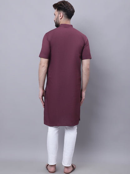 Even Apparels Wine Pure Cotton Short Sleeves Kurta With Band Collar