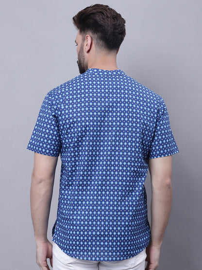 Even Apparels Blue Pure Cotton Short Kurta With Band Collar