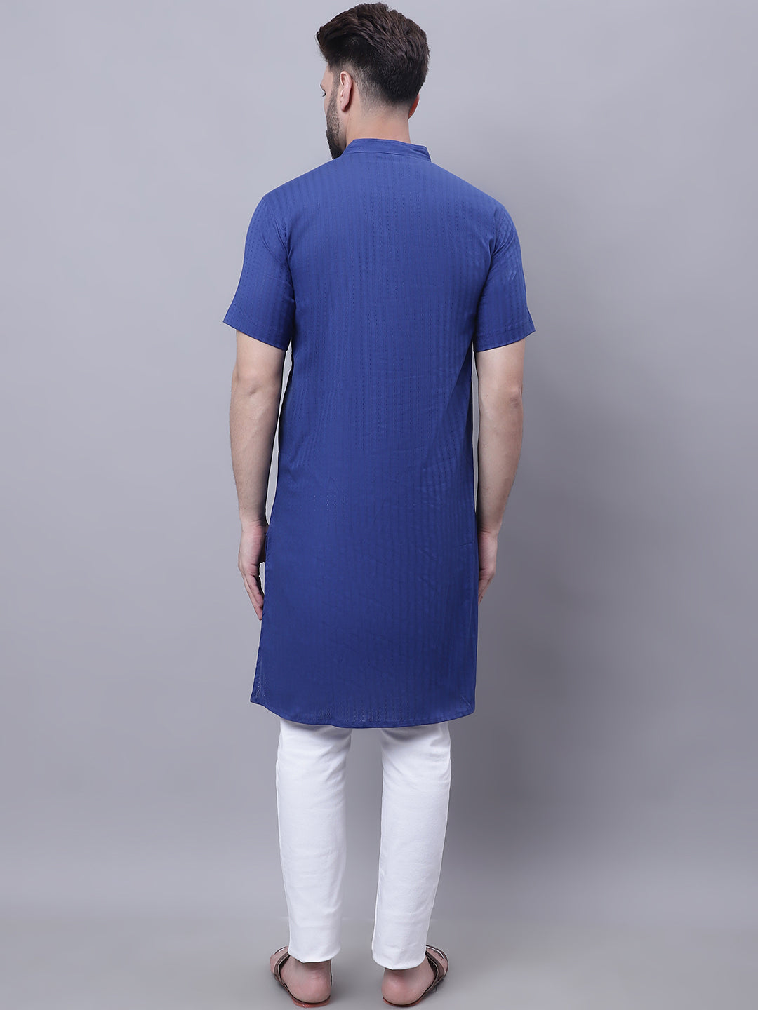 Even Apparels Blue Pure Cotton Short Sleeves Kurta With Band Collar