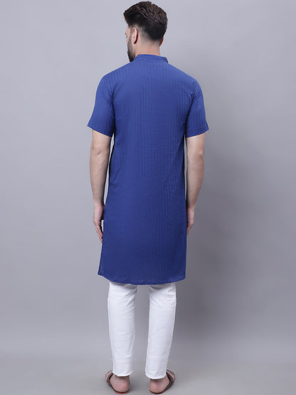 Even Apparels Blue Pure Cotton Short Sleeves Kurta With Band Collar