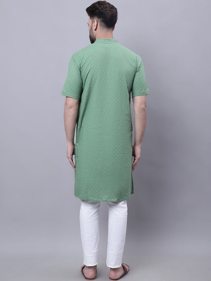 Even Apparels Green Pure Cotton Short Sleeves Kurta With Band Collar