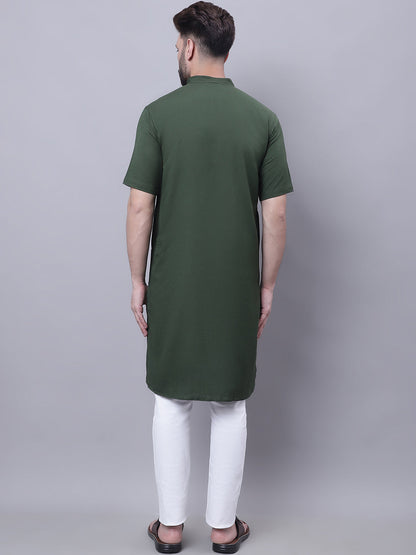 Even Apparels Green Pure Cotton Short Sleeves Kurta With Band Collar