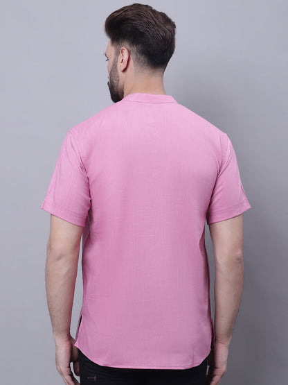Even Apparels Pink Pure Cotton Short Kurta With Band Collar