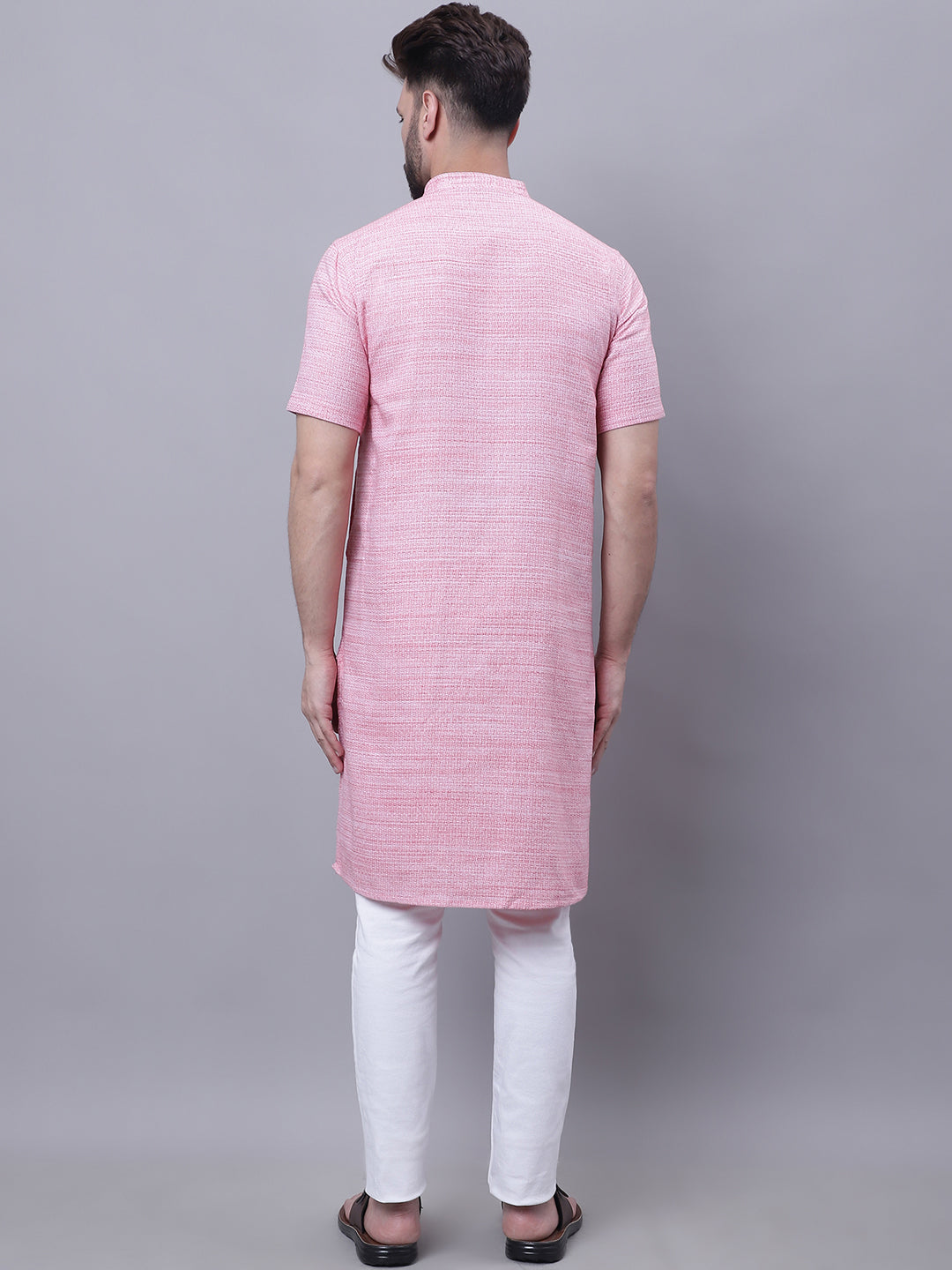 Even Apparels Pink Pure Cotton Short Sleeves Kurta With Band Collar