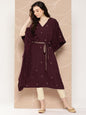 Ahalyaa Women Floral Printed Flared Sleeves Belted Detail Crepe Kaftan Kurta