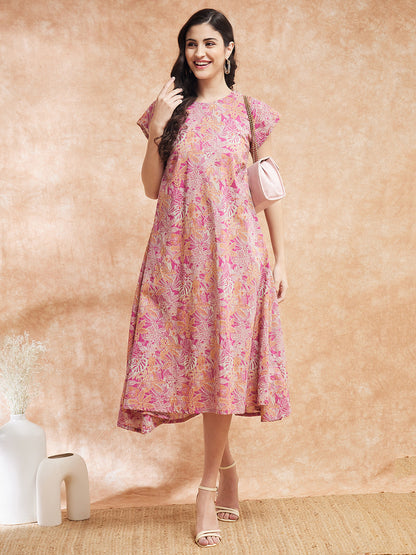 InWeave Women's Pink Coral Floral Print A Line Dress