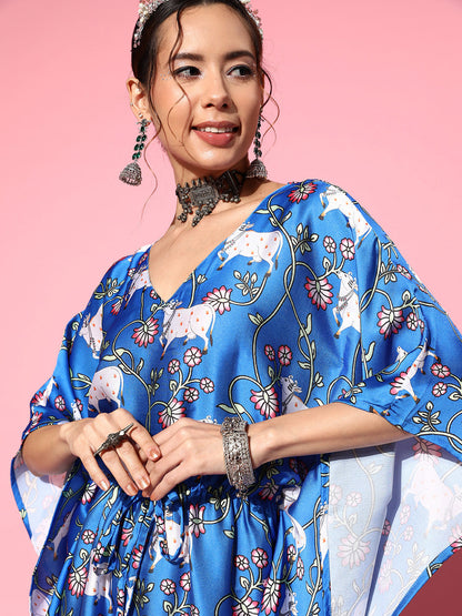InWeave Women's Ink Blue Indian Bull Print Kaftan