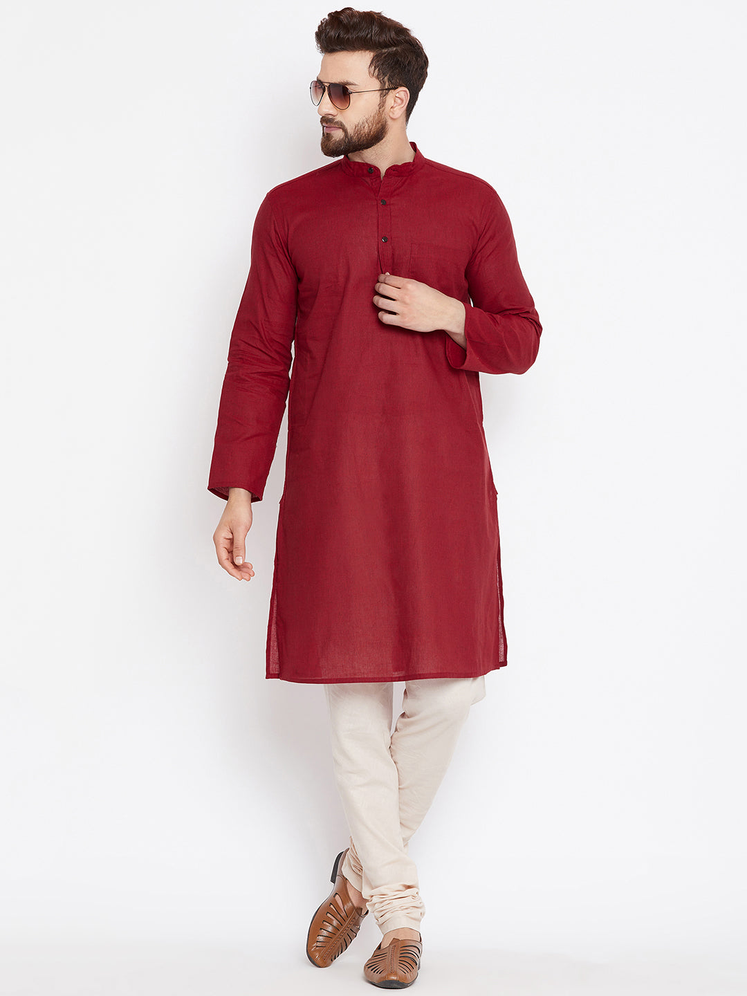 Even Apparels Maroon Pure Cotton Kurta With Band Collar