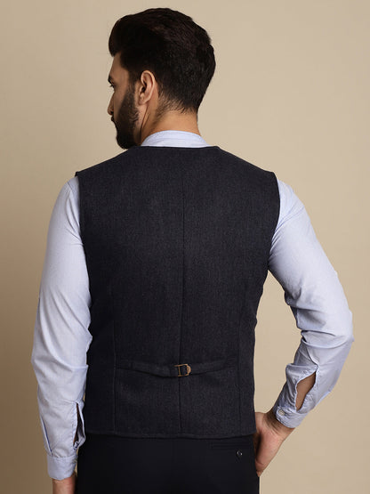 Even Apparels Men's Blue Woolen Double Breast Waistcoat