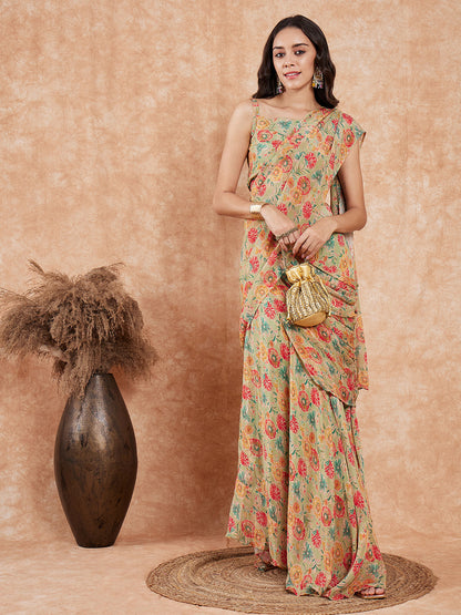 InWeave Women's Pear Green Red Floral Skirt Saree