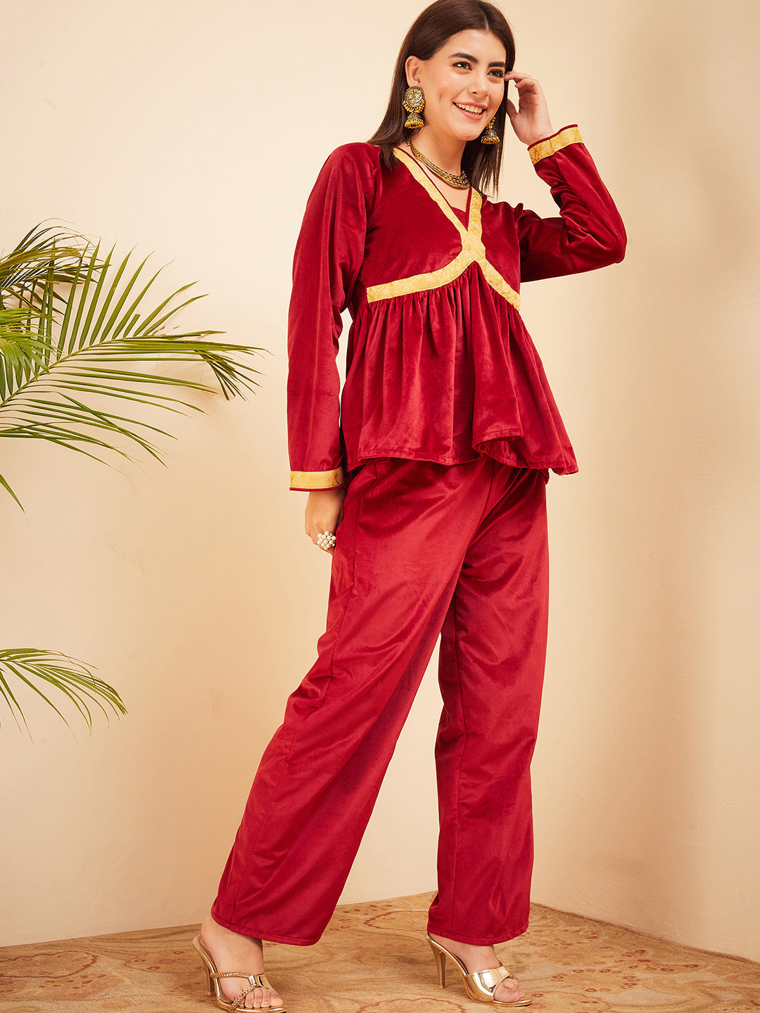 InWeave Women's Barn Red Mughal Shaan Style Velvet Short Kurta Set
