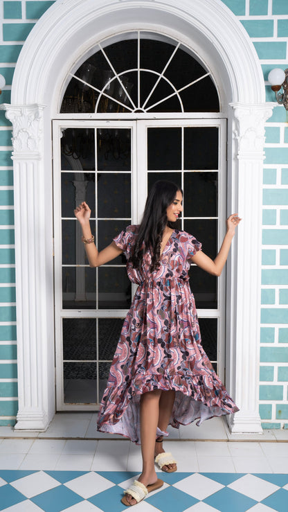 Noroke Sustainable fabric | Bemberg Brown Printed High Low Dress