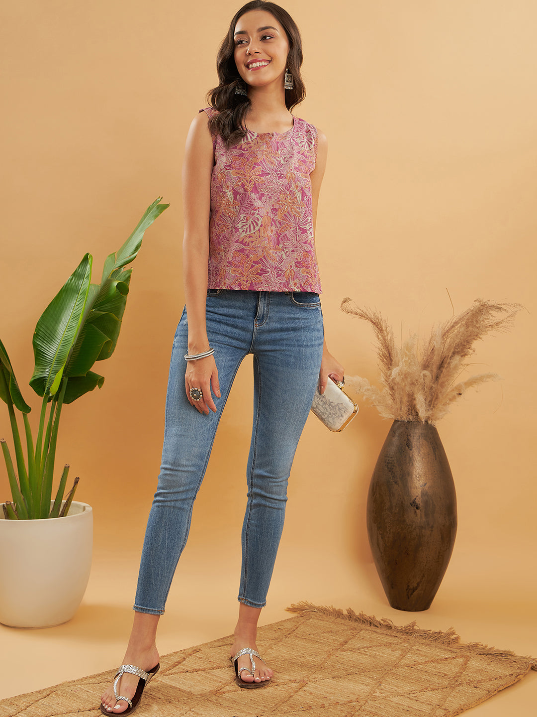 InWeave Pink Coral Floral Print W/U Top