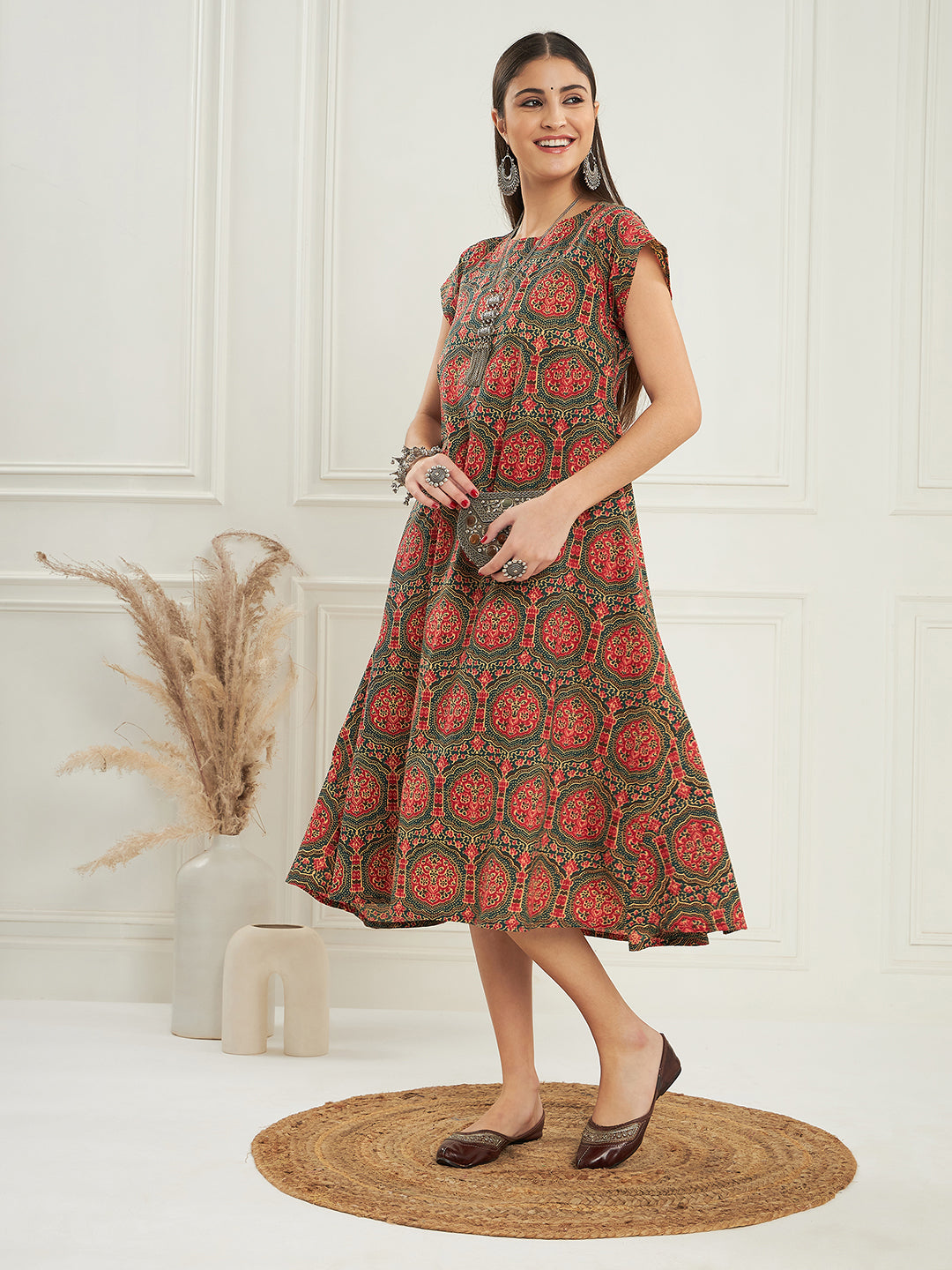 InWeave Women's Green Red Mughal Kalamkari A Line Dress