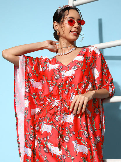 InWeave Women's Bright Pink Indian Bull Print Kaftan