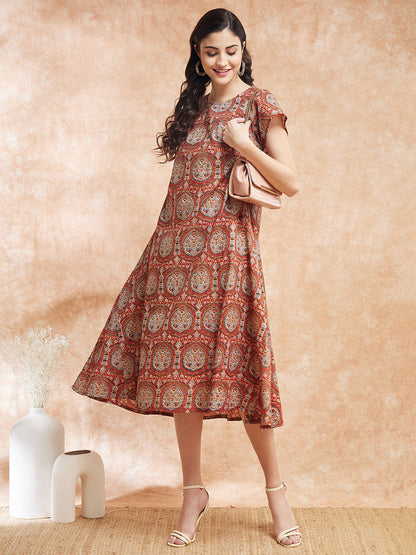 InWeave Women's Maroon Mughal Kalamkari A Line Dress