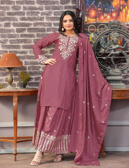 Yash Enterprise Floral Embroidered Chinon Silk Pink Readymade Salwar Suit