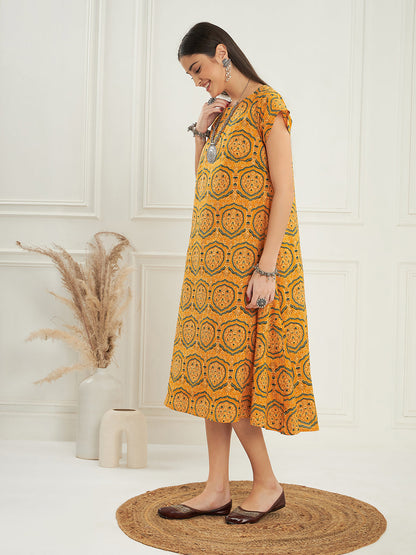 InWeave Women's Haldi Yellow Mughal Kalamkari A Line Dress