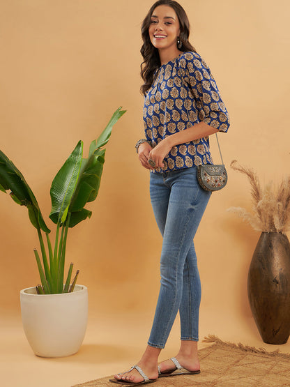 InWeave Women's Ink Blue Small Paisley Kalamkari Top