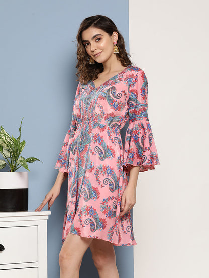 InWeave Women's Pink Floral Blue Bell Sleeve Dress