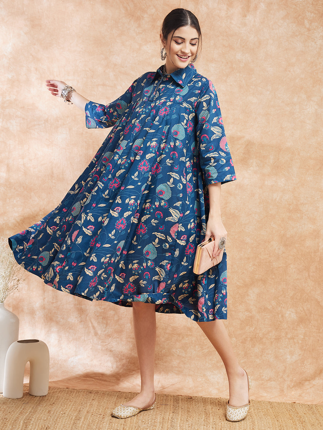 InWeave Women's Blue Pink Kalamkari Flared Dress