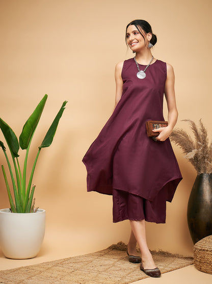 InWeave Women's Wine Solid Short Kurta Palazzo Set
