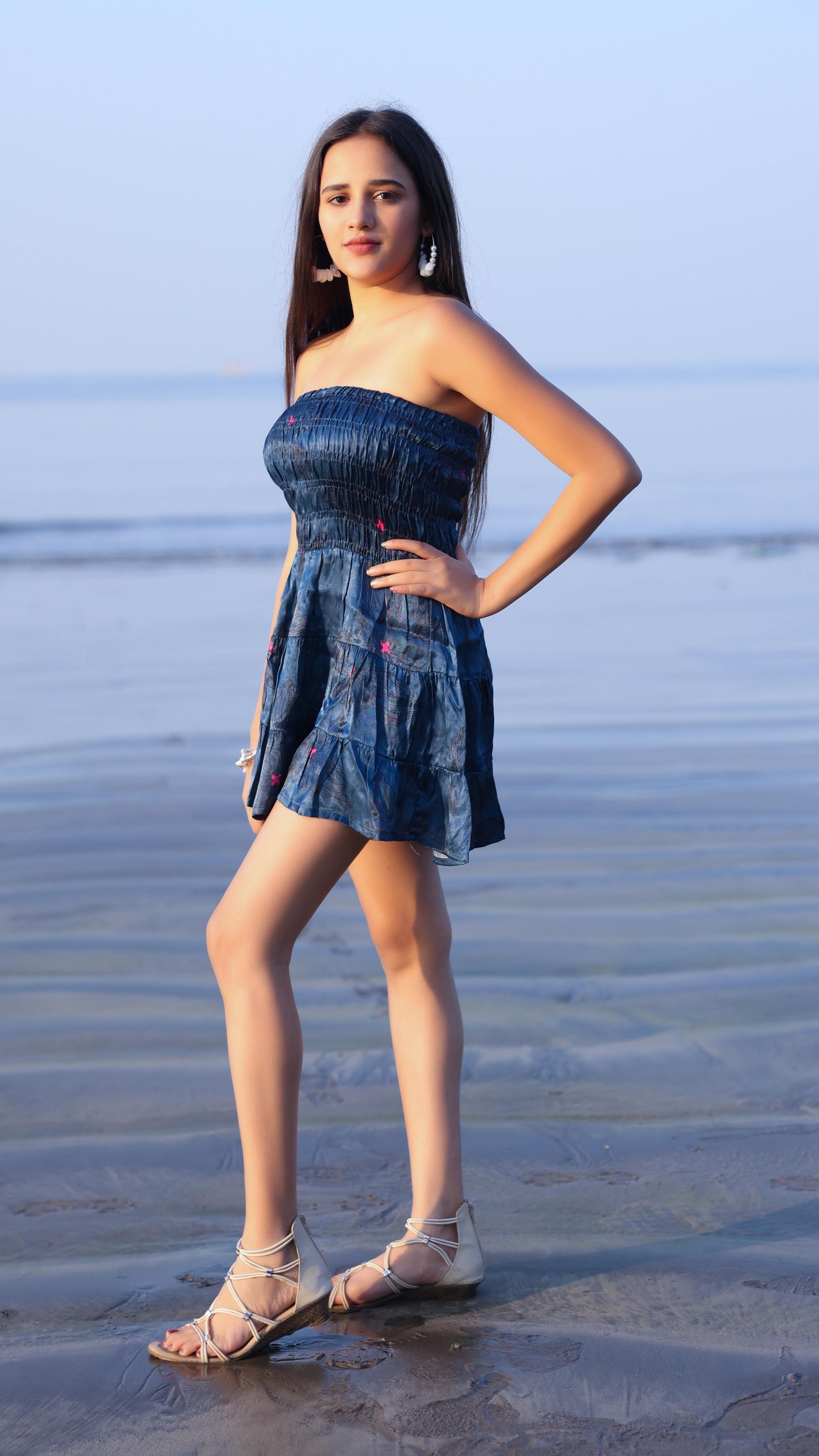 Noroke Modal Steel Blue Printed Mini Tiered Dress