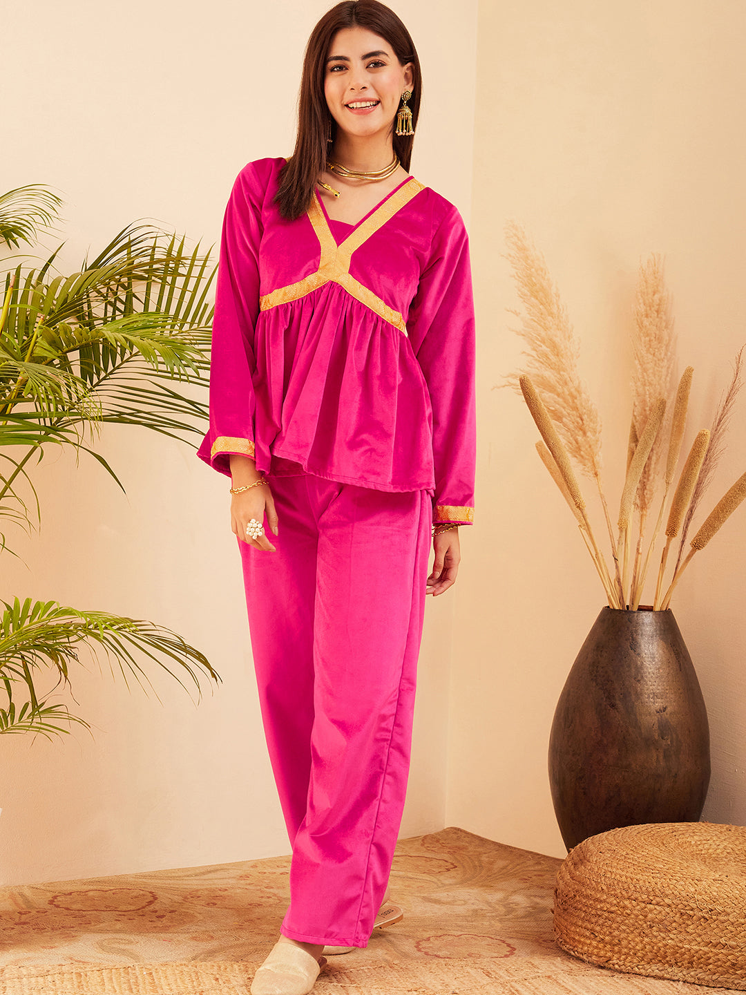 InWeave Women's Magenta Mughal Shaan Style Velvet Short Kurta Set