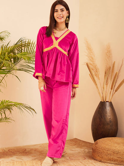 InWeave Women's Magenta Mughal Shaan Style Velvet Short Kurta Set
