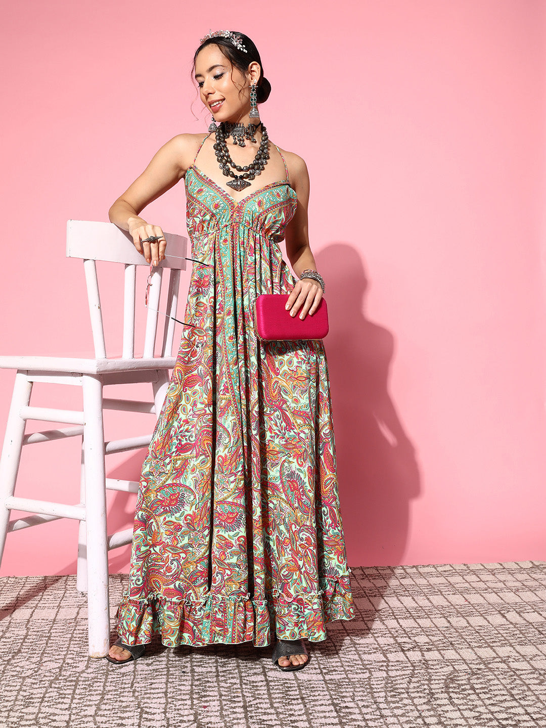 InWeave Women's Green Paisley Print Back Detail Long Dress