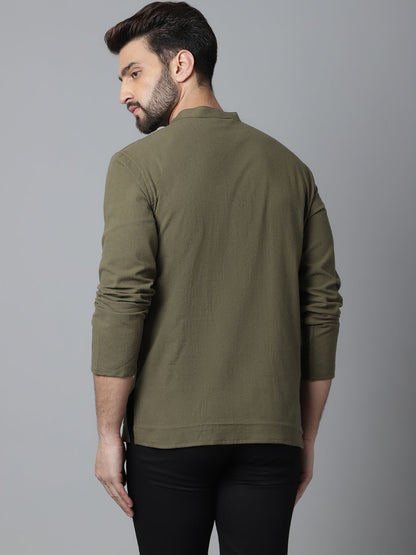 Indian Clothing Even Apparels Green Pure Cotton Kurta With Band Collar